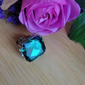 Elegant Silver and Blue/Green Rhinestone Adjustable Statement Ring